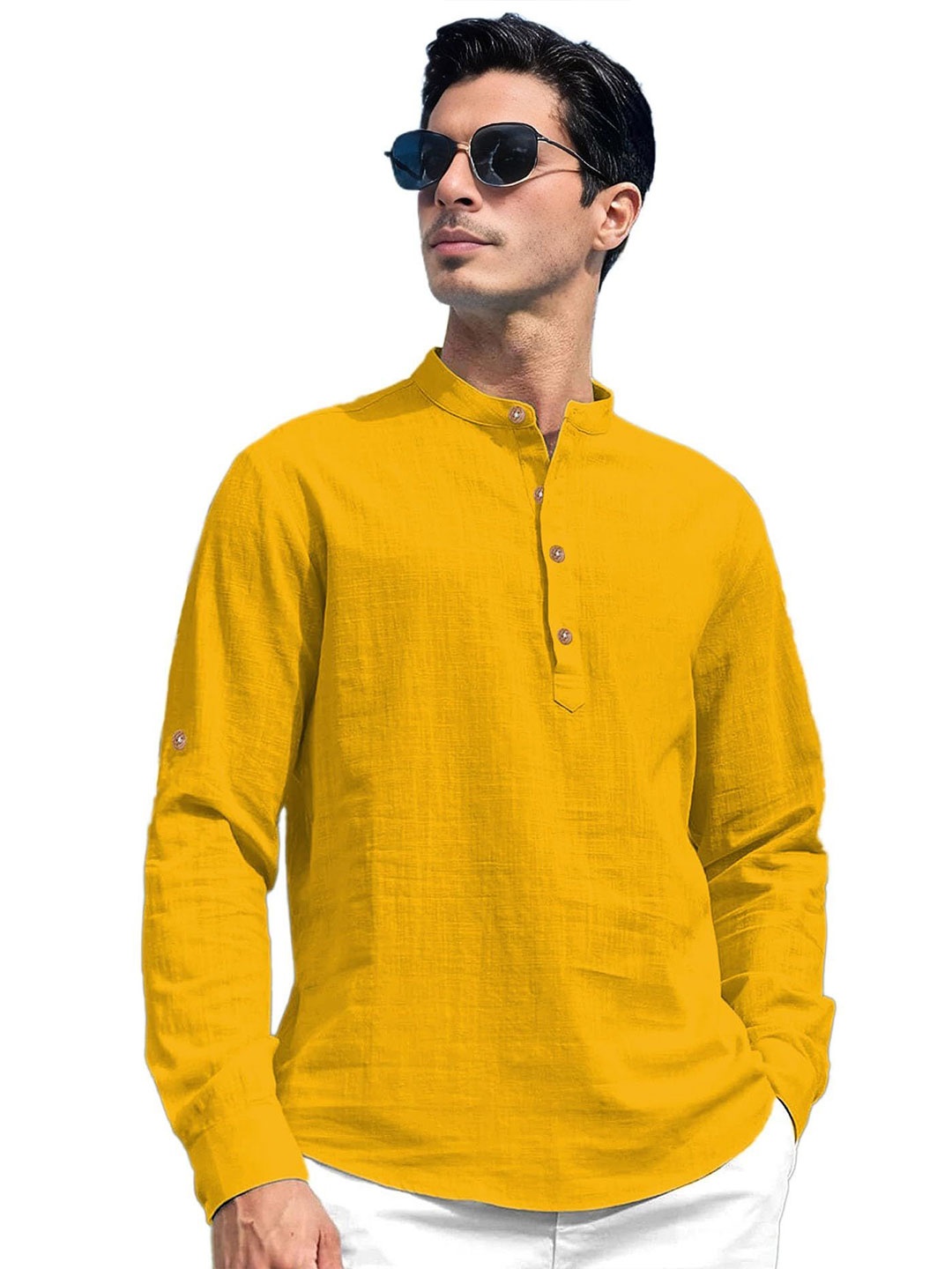 

EdinWolf Men India Slim Fit Mandarin Collar Solid Cotton Casual Shirt, Mustard