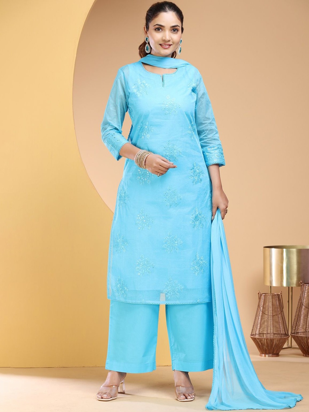 

COTTON CULTURE Floral Embroidered Notch Neck Pure Cotton Kurta With Palazzos & Dupatta, Blue