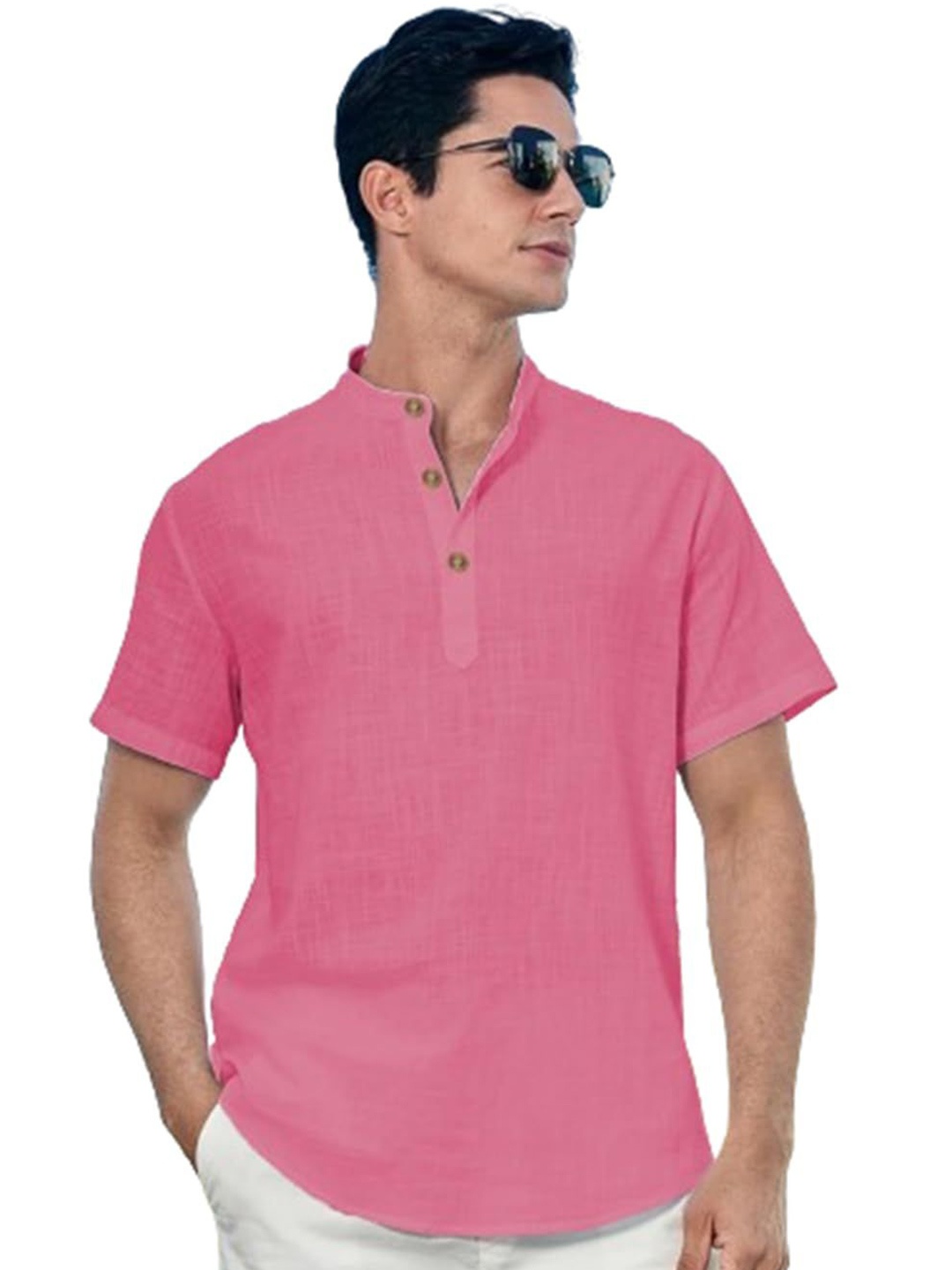 

EdinWolf Men India Slim Fit Band Collar Solid Cotton Casual Shirt, Pink