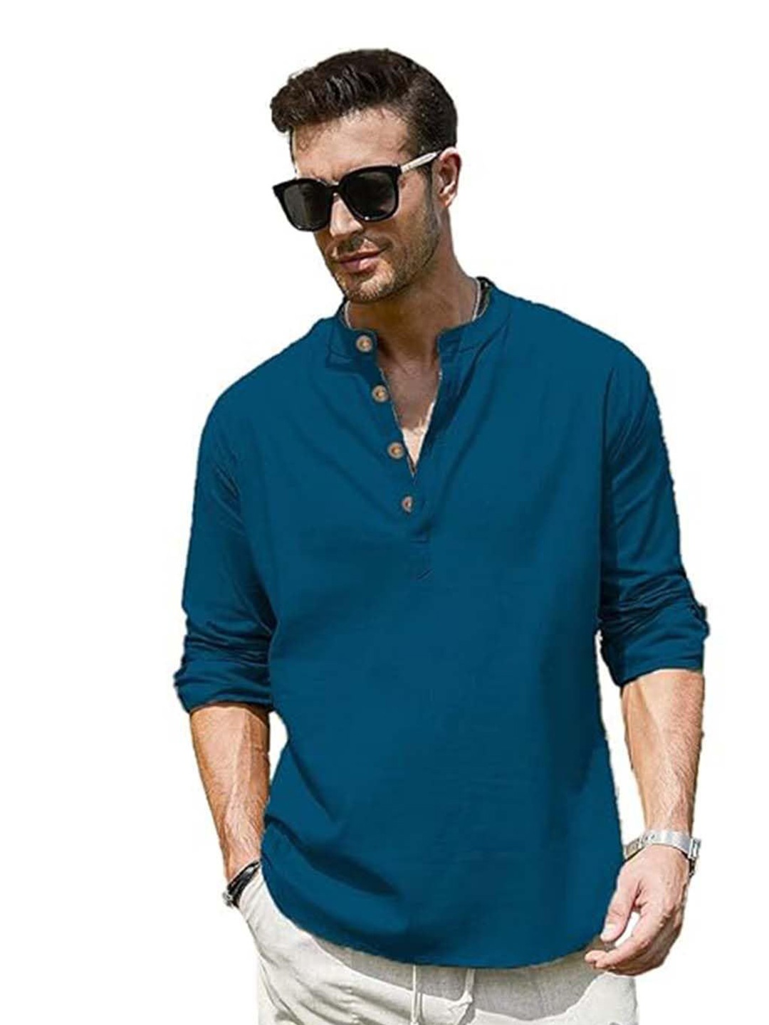 

EdinWolf Men India Slim Fit Band Collar Solid Cotton Casual Shirt, Teal