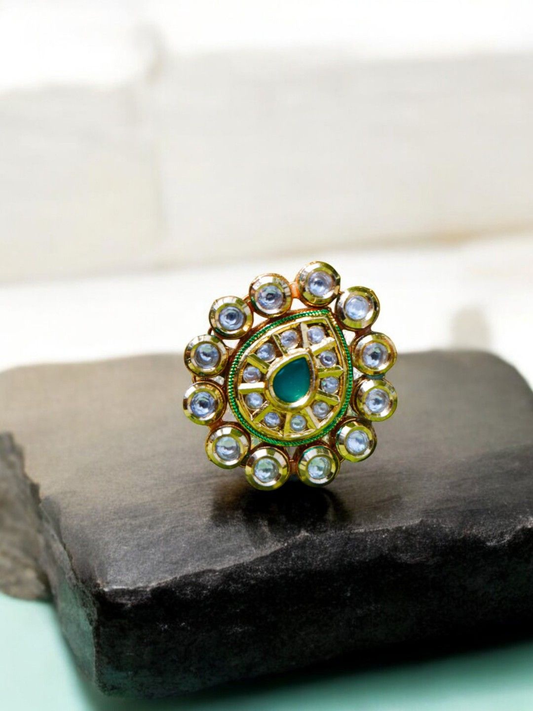 

Chaandi Rivaaz Ellas Emerald Gold-Plated Kundan Studded Finger Ring