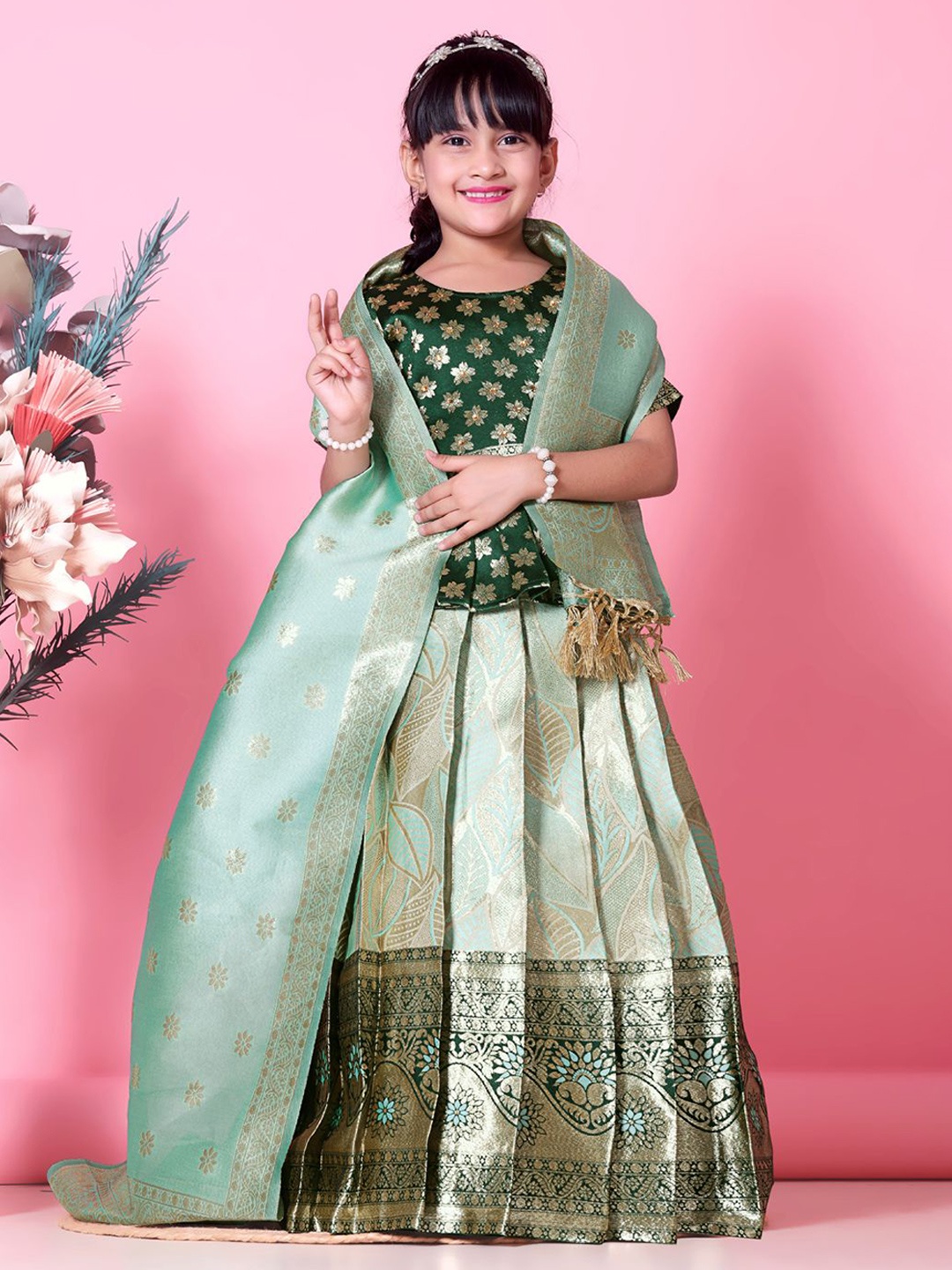 

BAESD Girls Zari Ready to Wear Lehenga & Blouse With Dupatta, Green