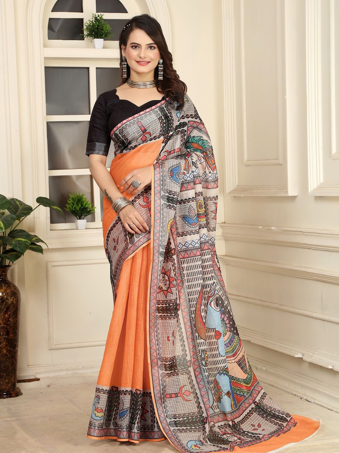 

Nimidiya Printed Pure Cotton Saree with Blouse Piece, Orange