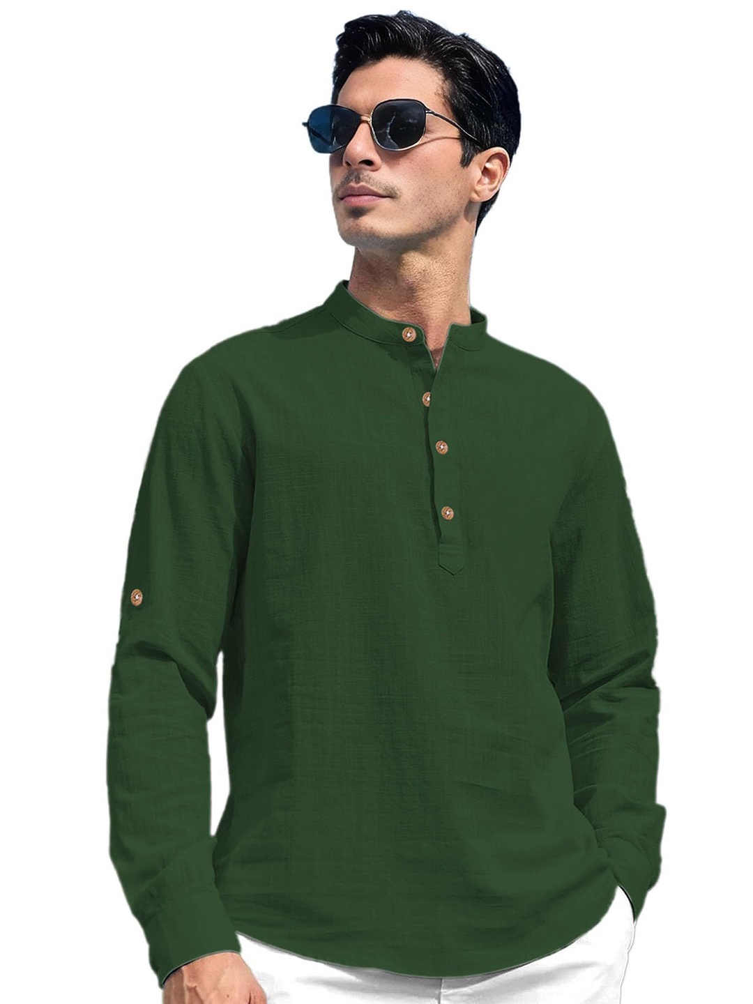 

EdinWolf Men India Slim Fit Mandarin Collar Solid Cotton Casual Shirt, Green