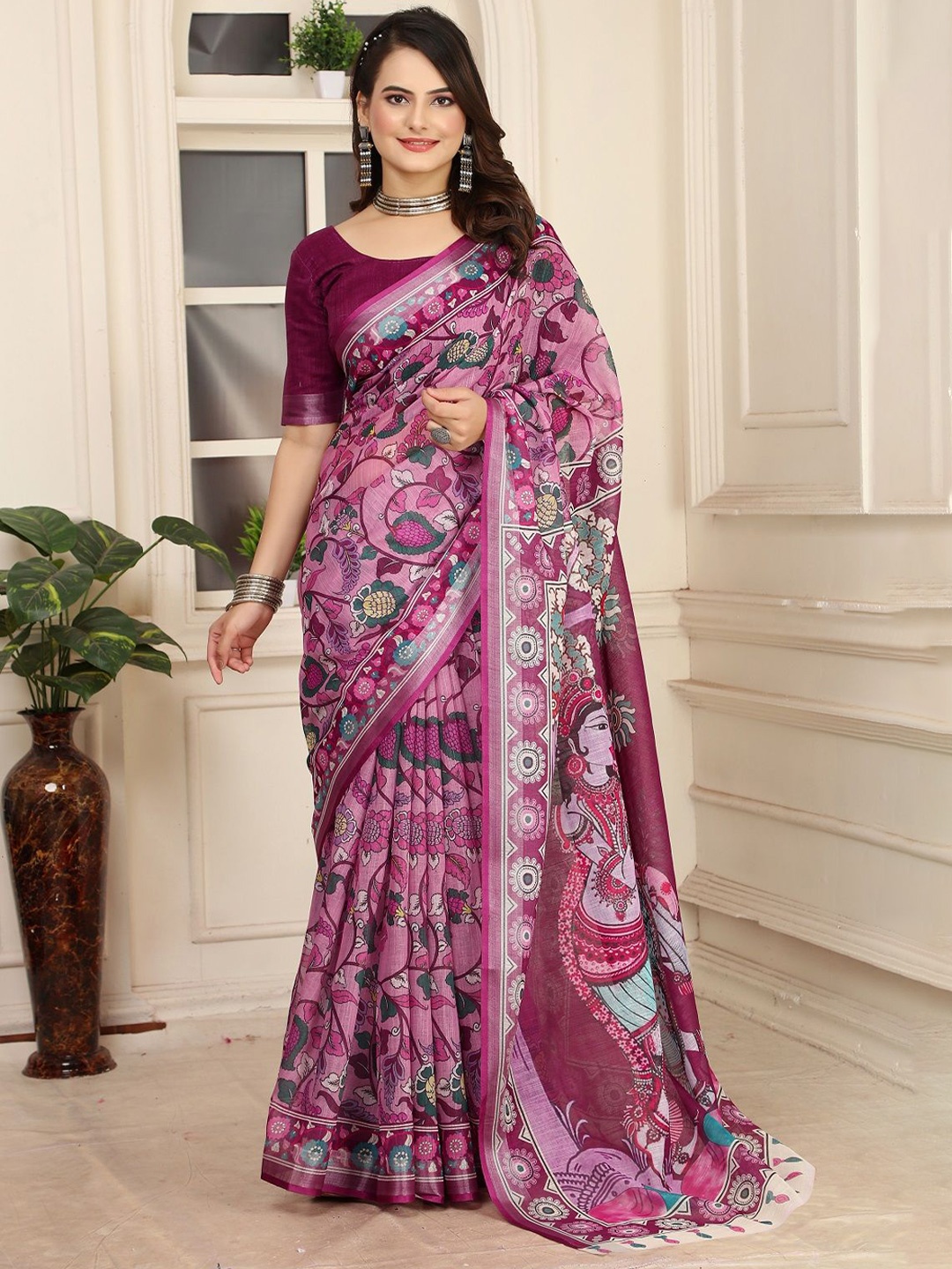 

Nimidiya Ethnic Motifs Printed Pure Cotton Saree, Burgundy