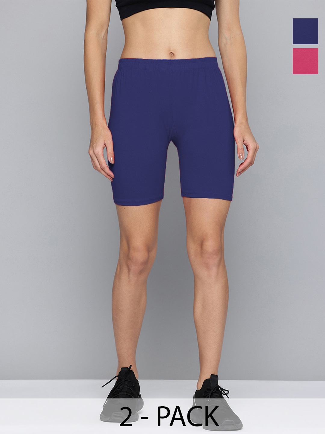 

Jinfo Women Pack Of 2 Skinny Fit Mid-Rise Cycling Sports Shorts, Navy blue