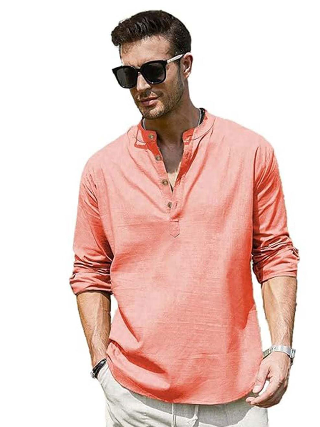 

EdinWolf Men India Slim Fit Band Collar Solid Cotton Casual Shirt, Peach