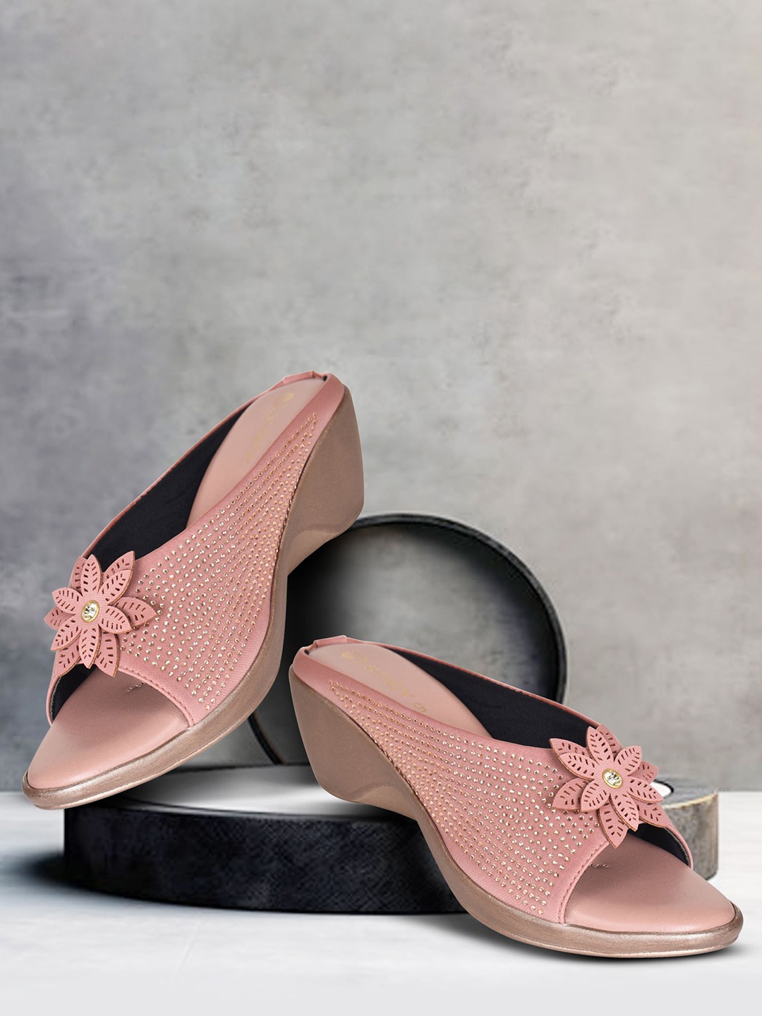 

STICY Women Embellished Open Back Wedge Mules Heels, Pink