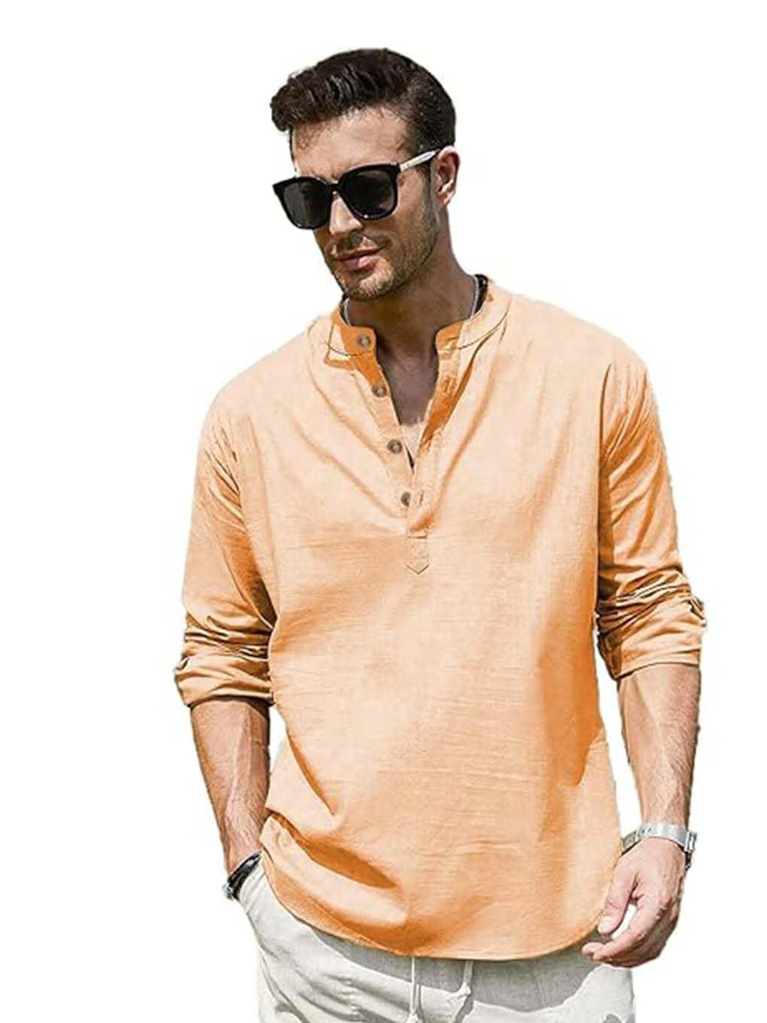 

EdinWolf Men India Slim Fit Band Collar Solid Cotton Casual Shirt, Orange