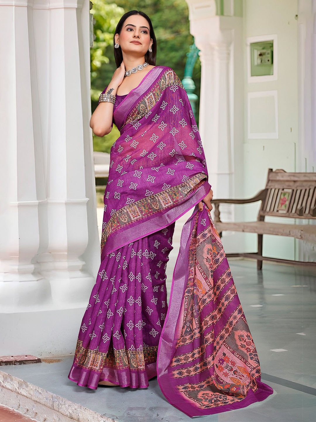 

Nimidiya Ethnic Motifs Printed Pure Cotton Saree, Magenta