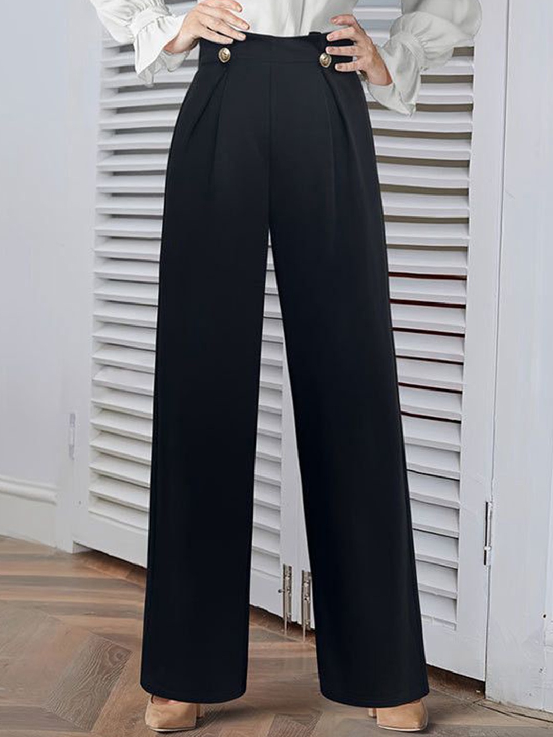 

her by invictus Women Loose Fit High-Rise Pleated Wide Leg Trousers, Black