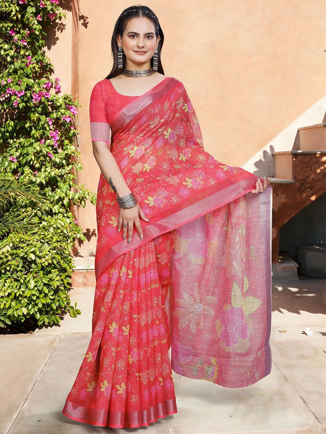 

Nimidiya Floral Printed Zari Pure Cotton Saree, Red