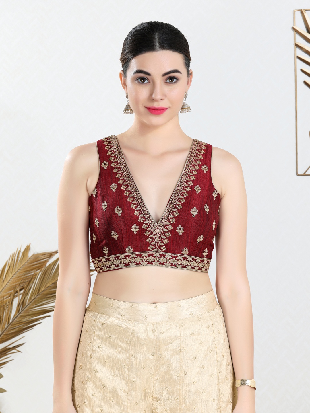 

VAMAS - THE DESIGNER BLOUSES Women V-Neck Padded Saree Blouse, Maroon