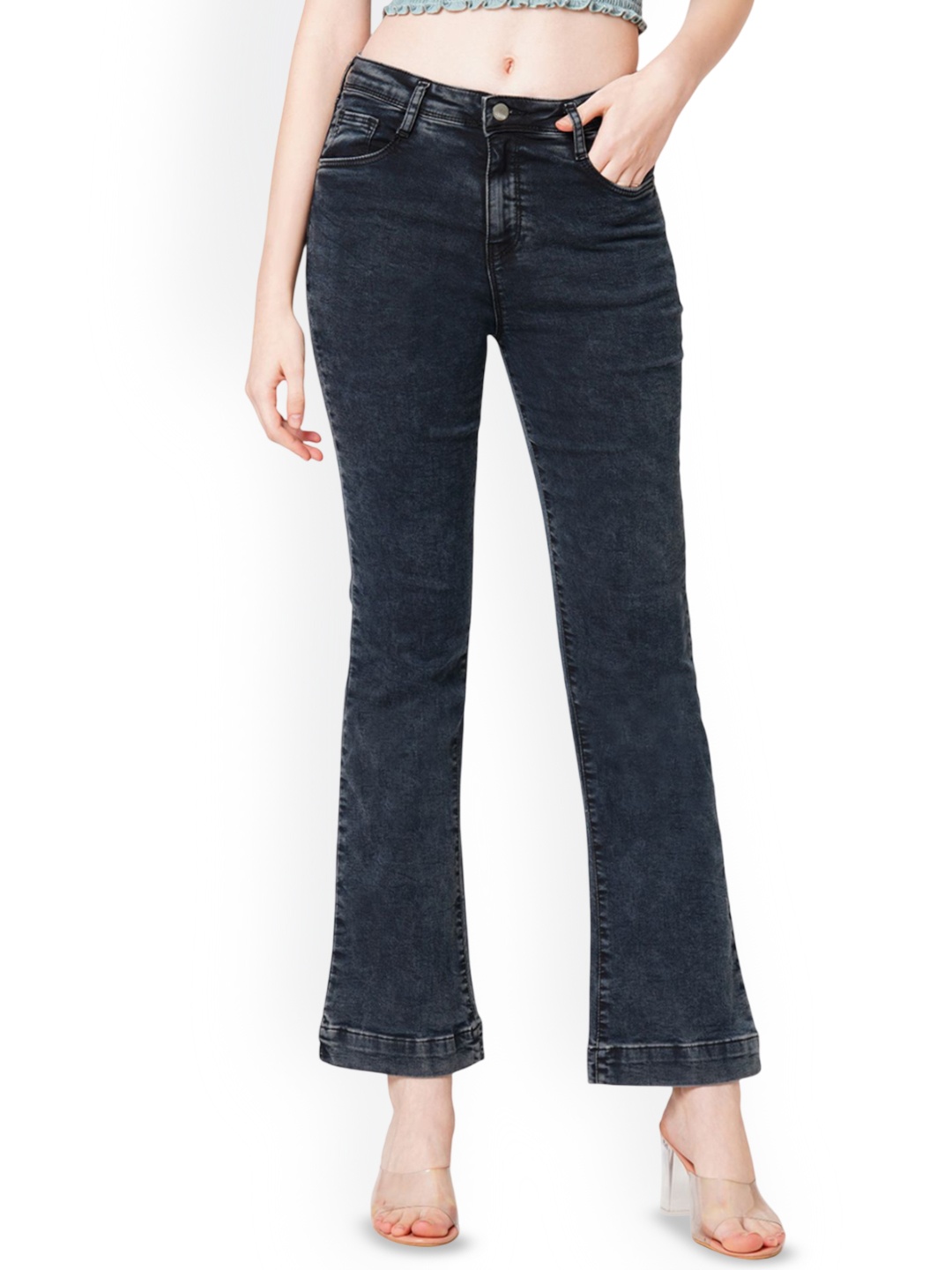 

Kraus Jeans Women Flared High-Rise Light Fade Jeans, Black