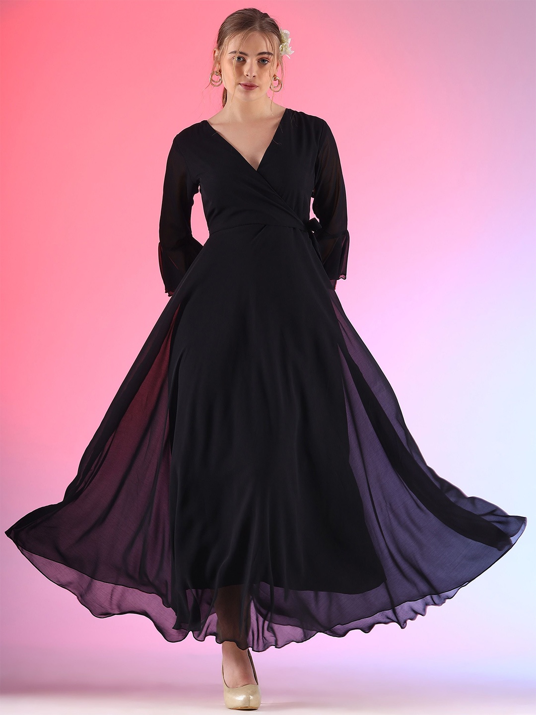 

De La Moda V-Neck Bell Sleeves Wrap Maxi Dress With Tie-Ups, Black