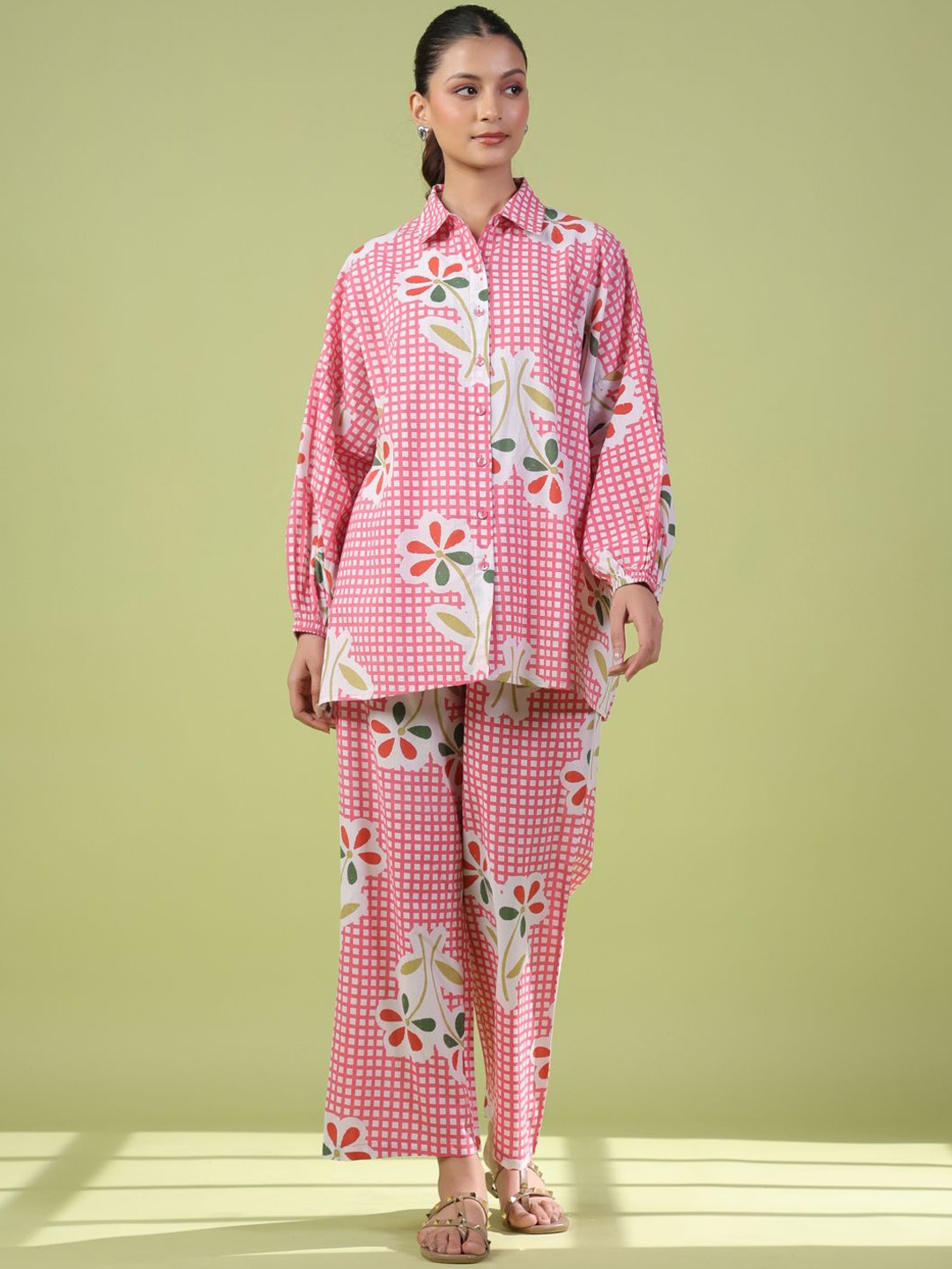 

anayna Floral Printed Shirt Collar Pure Cotton Shirt & Trousers, Pink