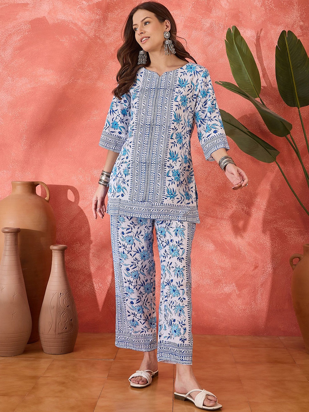 

Sangria Printed Pure Cotton Tunic & Trousers, White