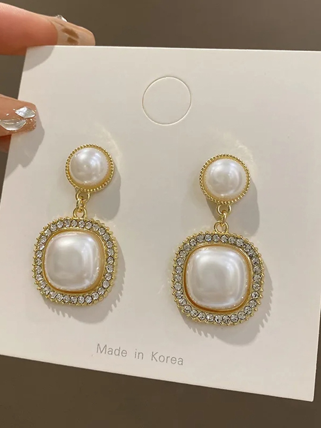 

Celestique Korean Gold Plated Pearls Contemporary Drop Earrings, White