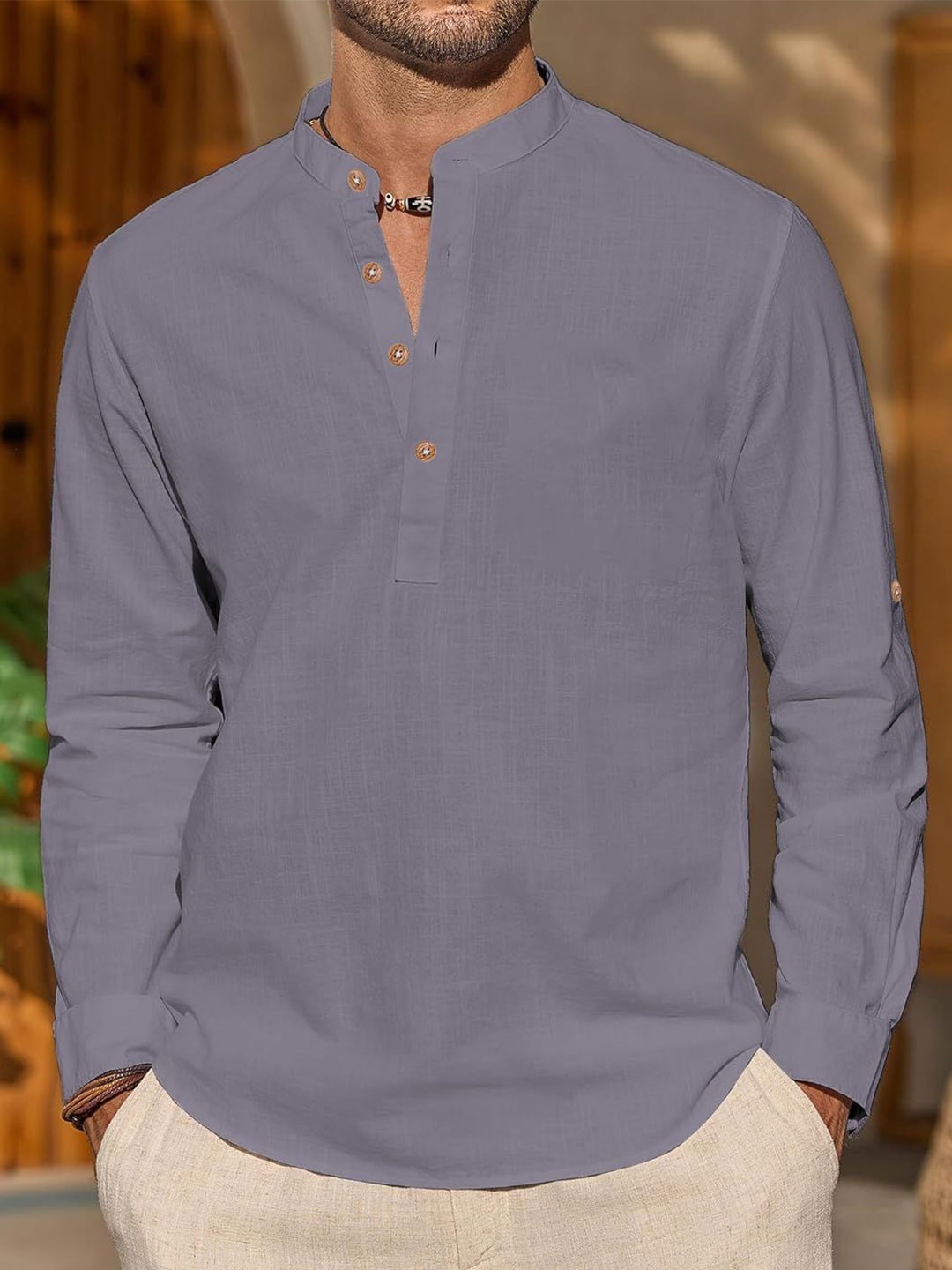 

EdinWolf Men India Slim Fit Band Collar Solid Cotton Casual Shirt, Grey