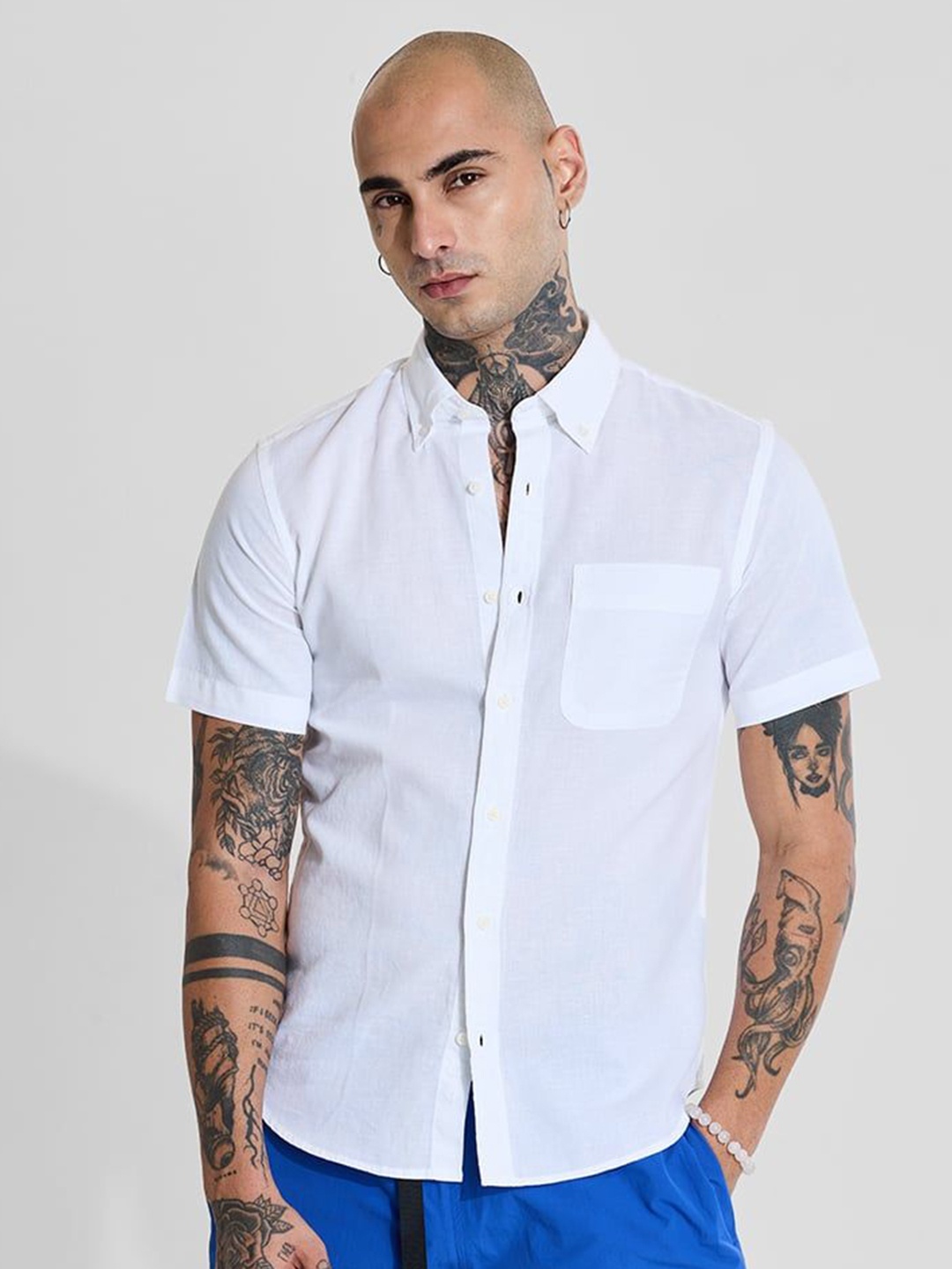 

Snitch Men Smart Slim Fit Button-Down Collar Solid Cotton Casual Shirt, White