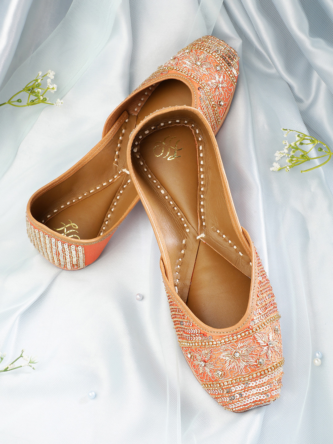 

House of Pataudi Sequin Embellished Mojaris, Orange