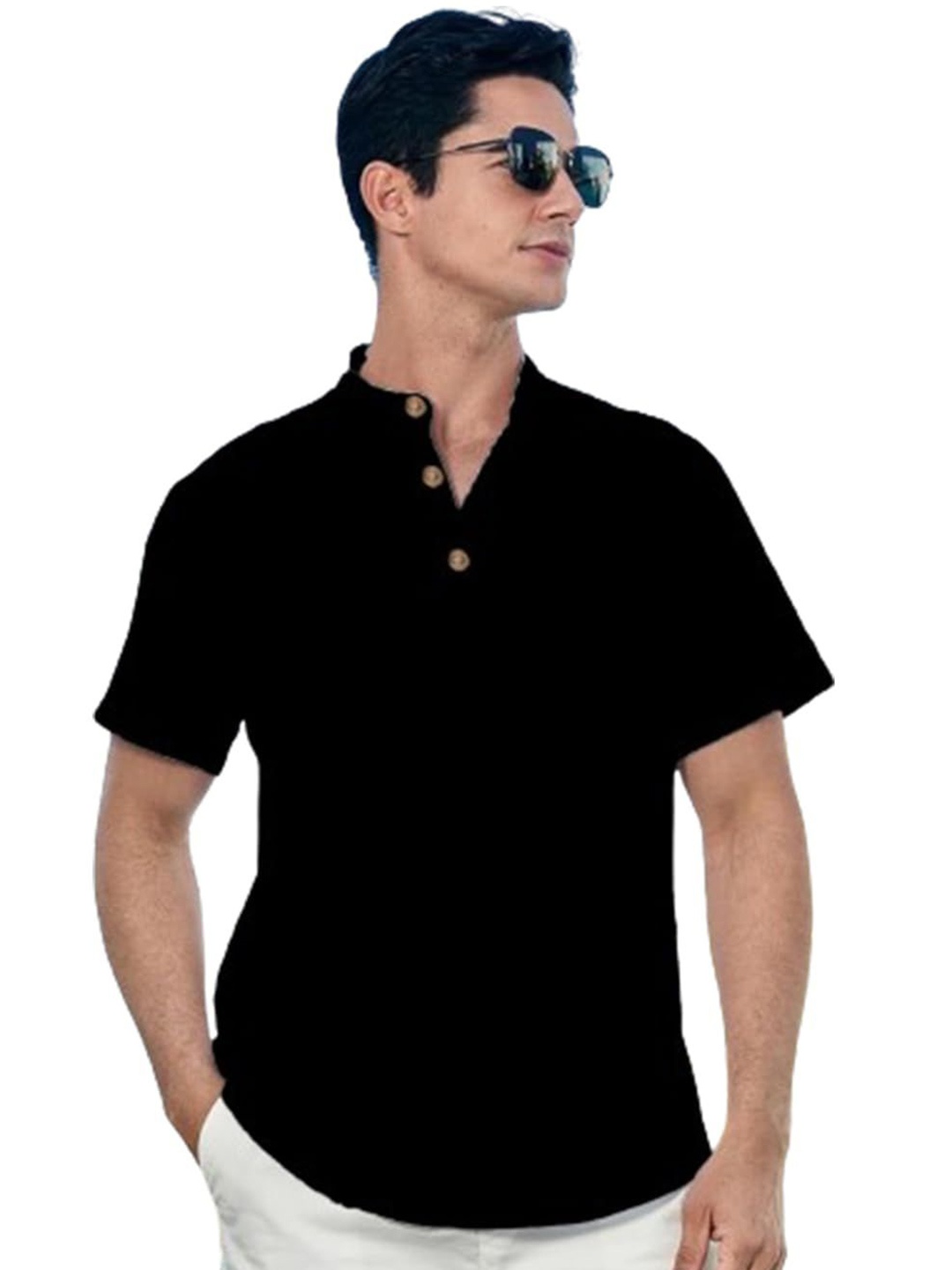 

EdinWolf Men India Slim Fit Band Collar Solid Cotton Casual Shirt, Black