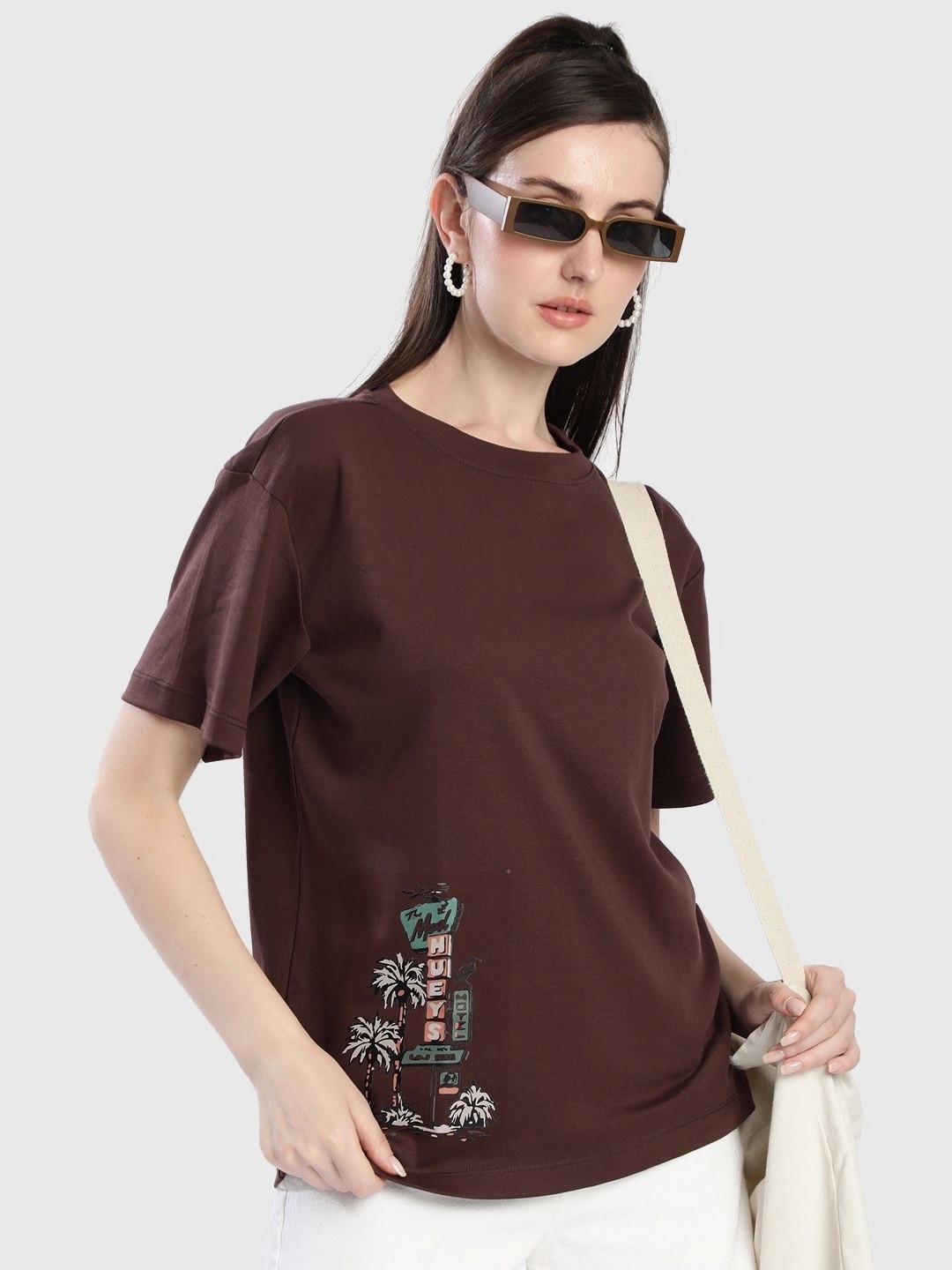 

Bene Kleed Women Graphic Printed Round Neck Cotton Oversized T-shirt, Brown