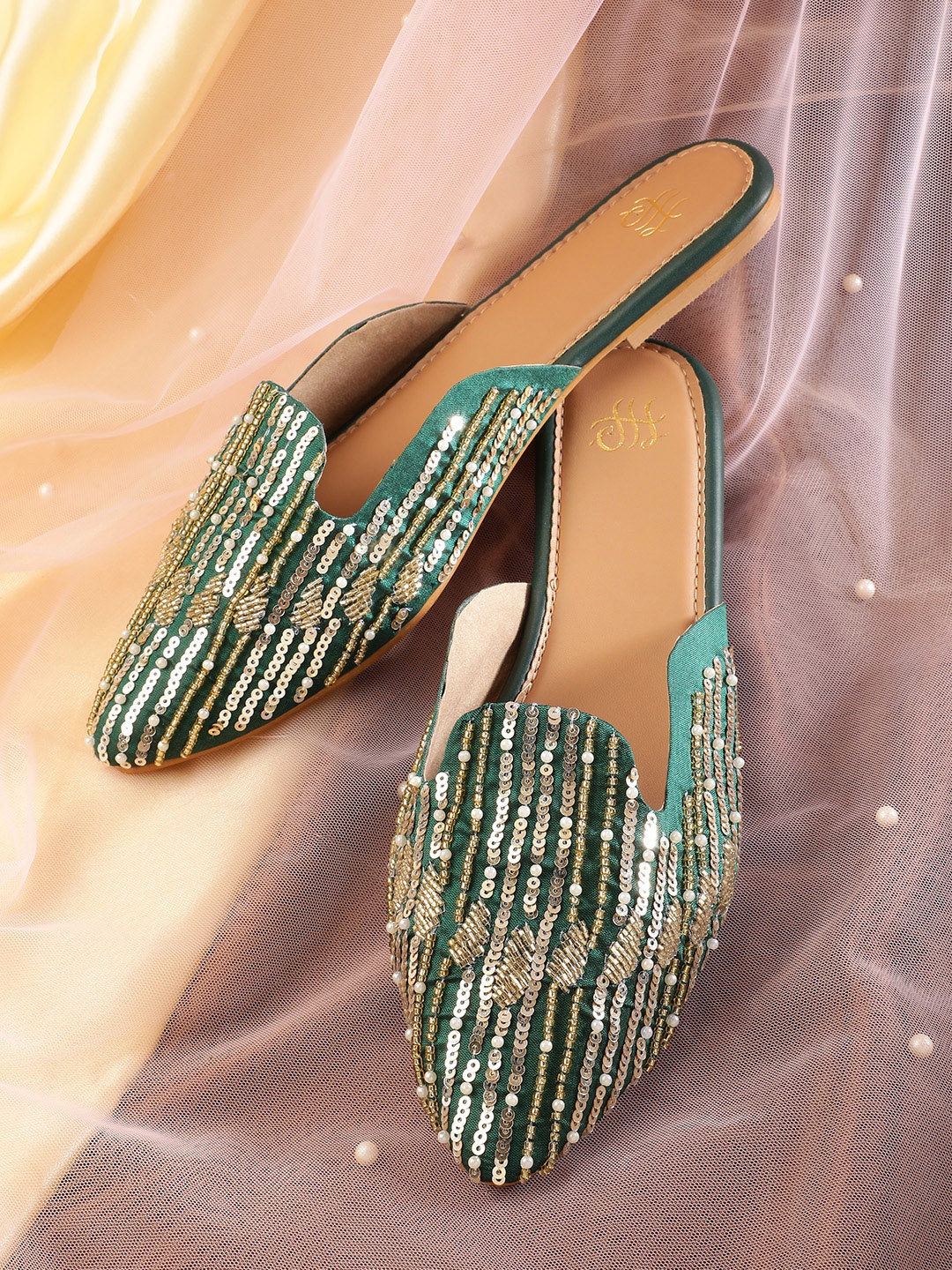 

House of Pataudi Sequin Embellished Mules, Gold