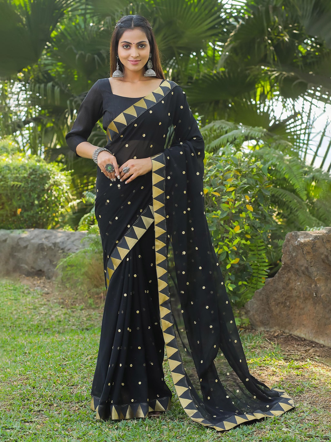

THE52 Floral Woven Design Zari Georgette Saree, Black
