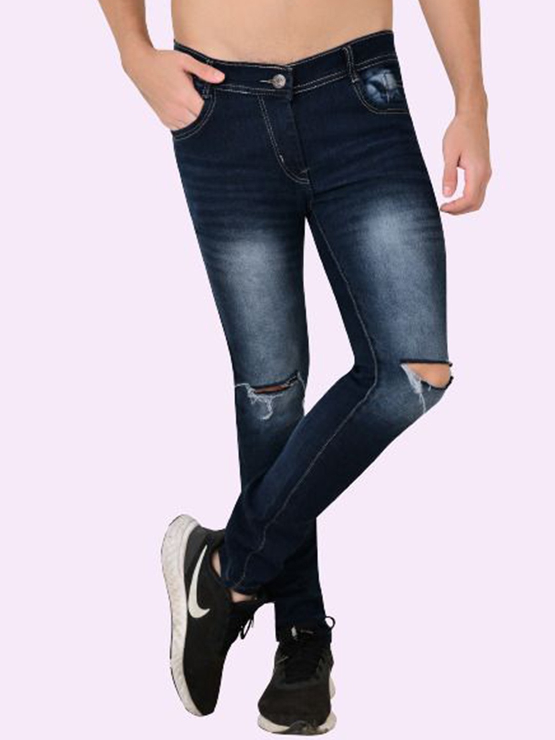 

LINARIA Men Classic Slim Fit Slash Knee Heavy Fade Jeans, Blue