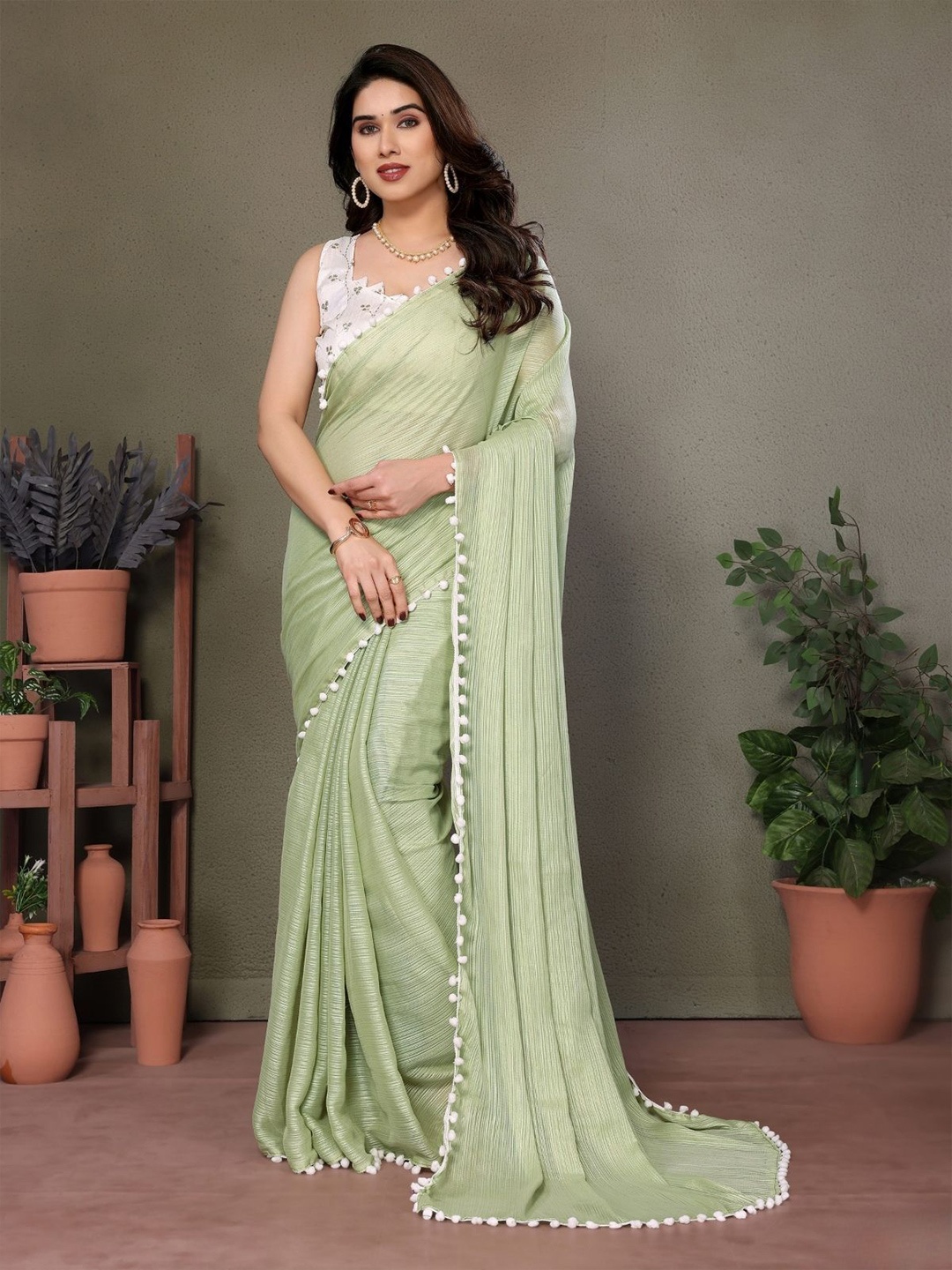 

ODETTE Green Banglori Lace Work Saree