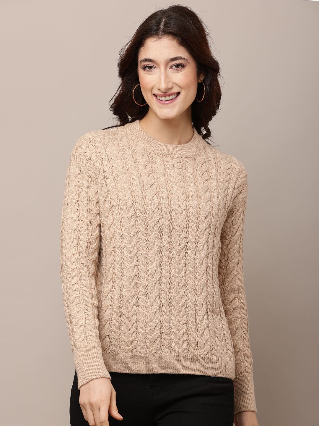 

NoBarr Women Cable Knit Self Design Pullover, Brown