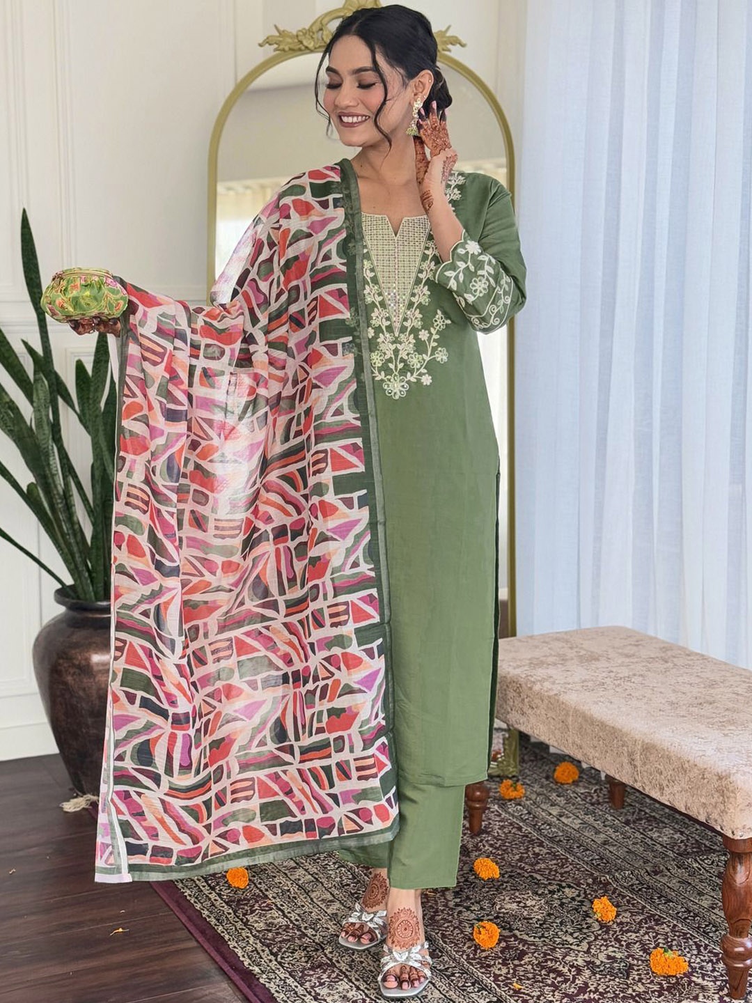 

BLACK SCISSOR Yoke Design Notch Neck Chanderi Silk Straight Kurta With Trousers & Dupatta, Olive