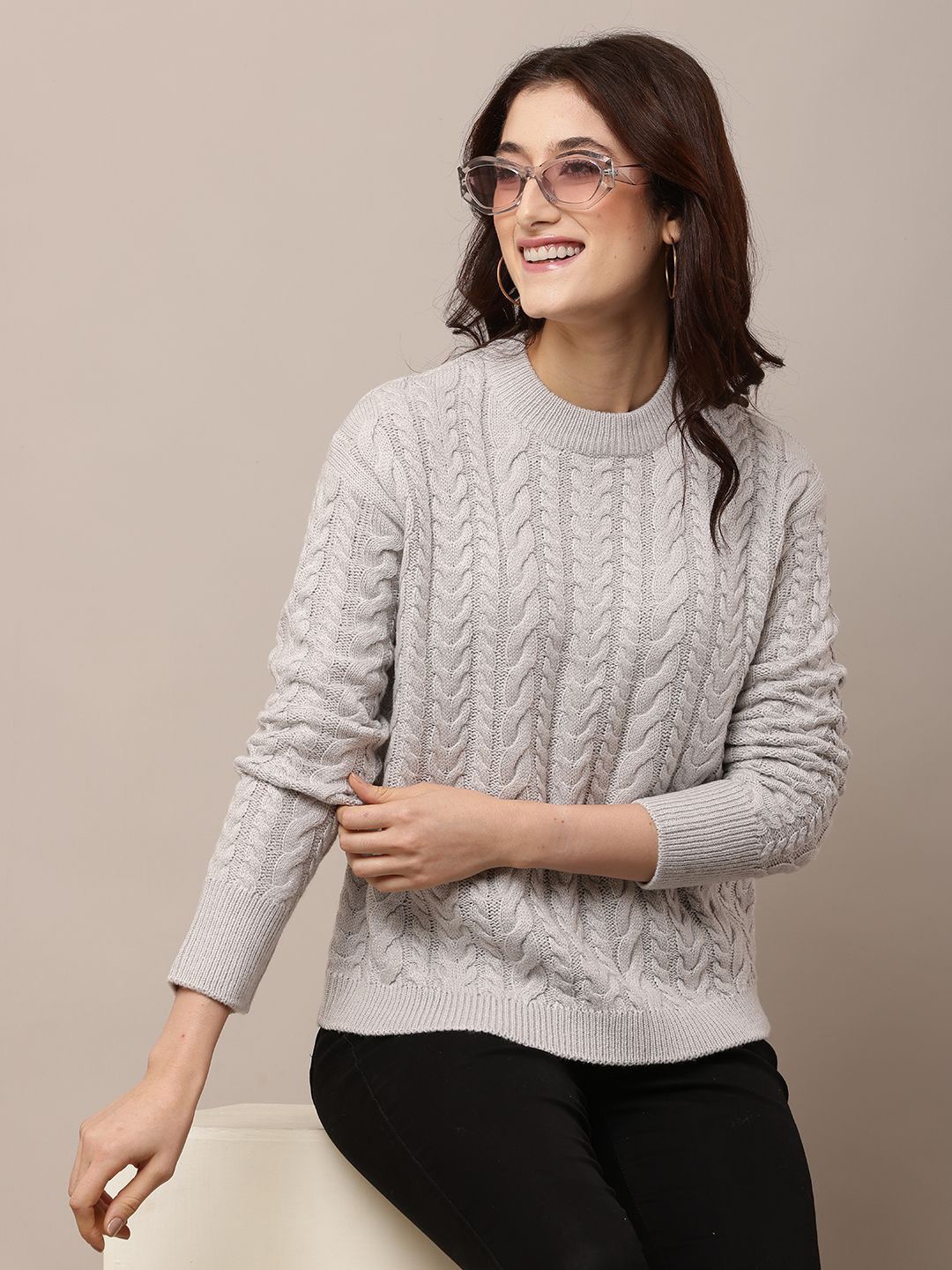 

NoBarr Women Cable Knit Pullover, Grey