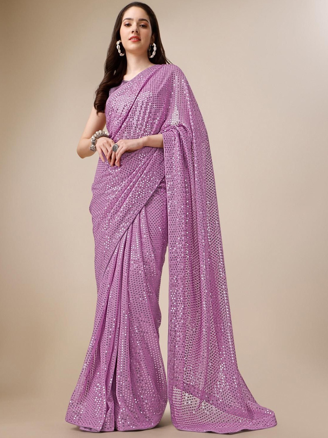 

THE52 Embellished Sequined Georgette Saree, Purple