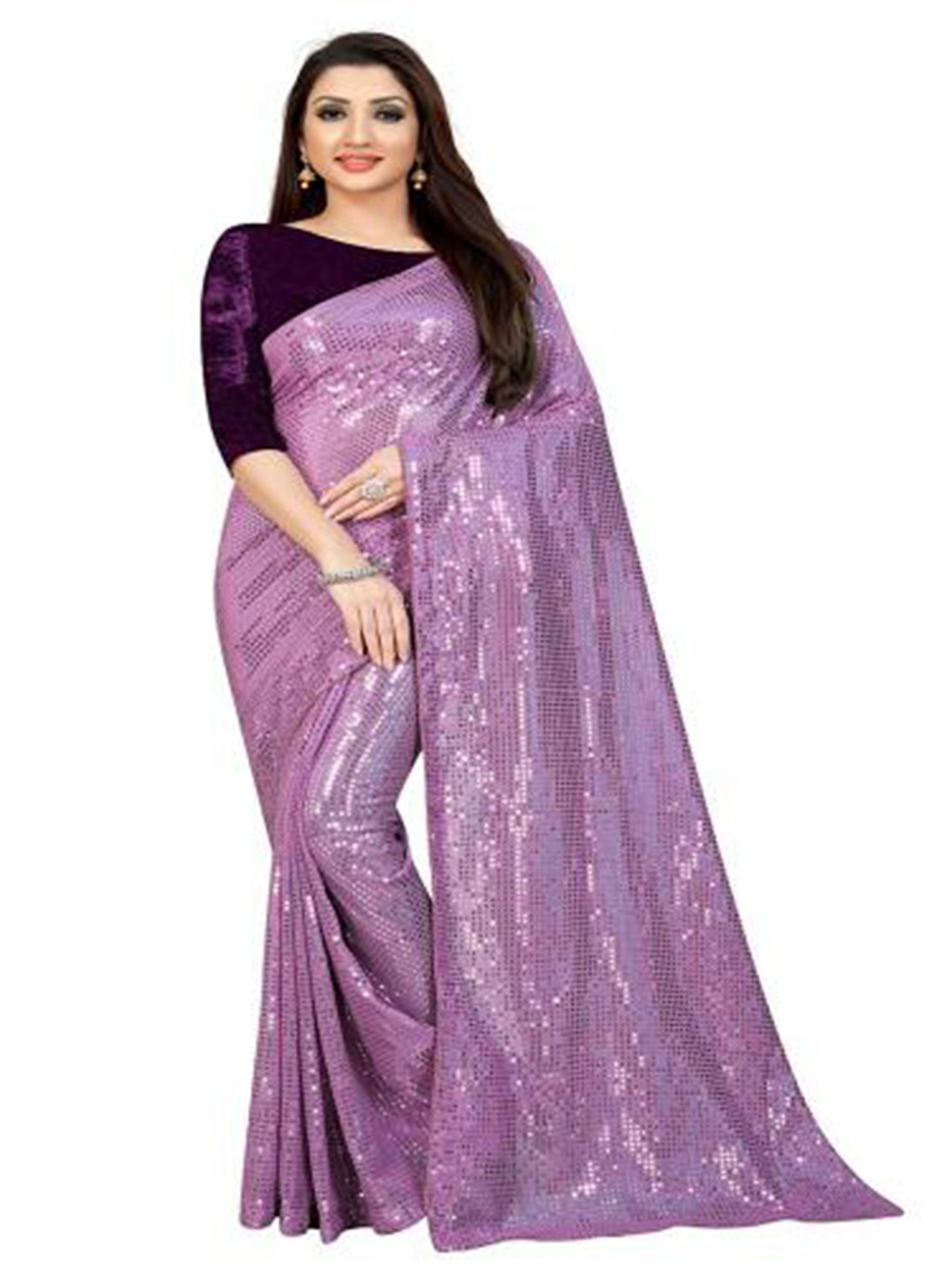 

THE52 Embellished Sequinned Pure Georgette Saree, Purple