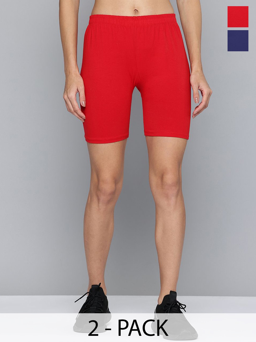

Jinfo Women Pack Of 2 High-Rise Skinny Fit Above Knee Cycling Sports Shorts, Red
