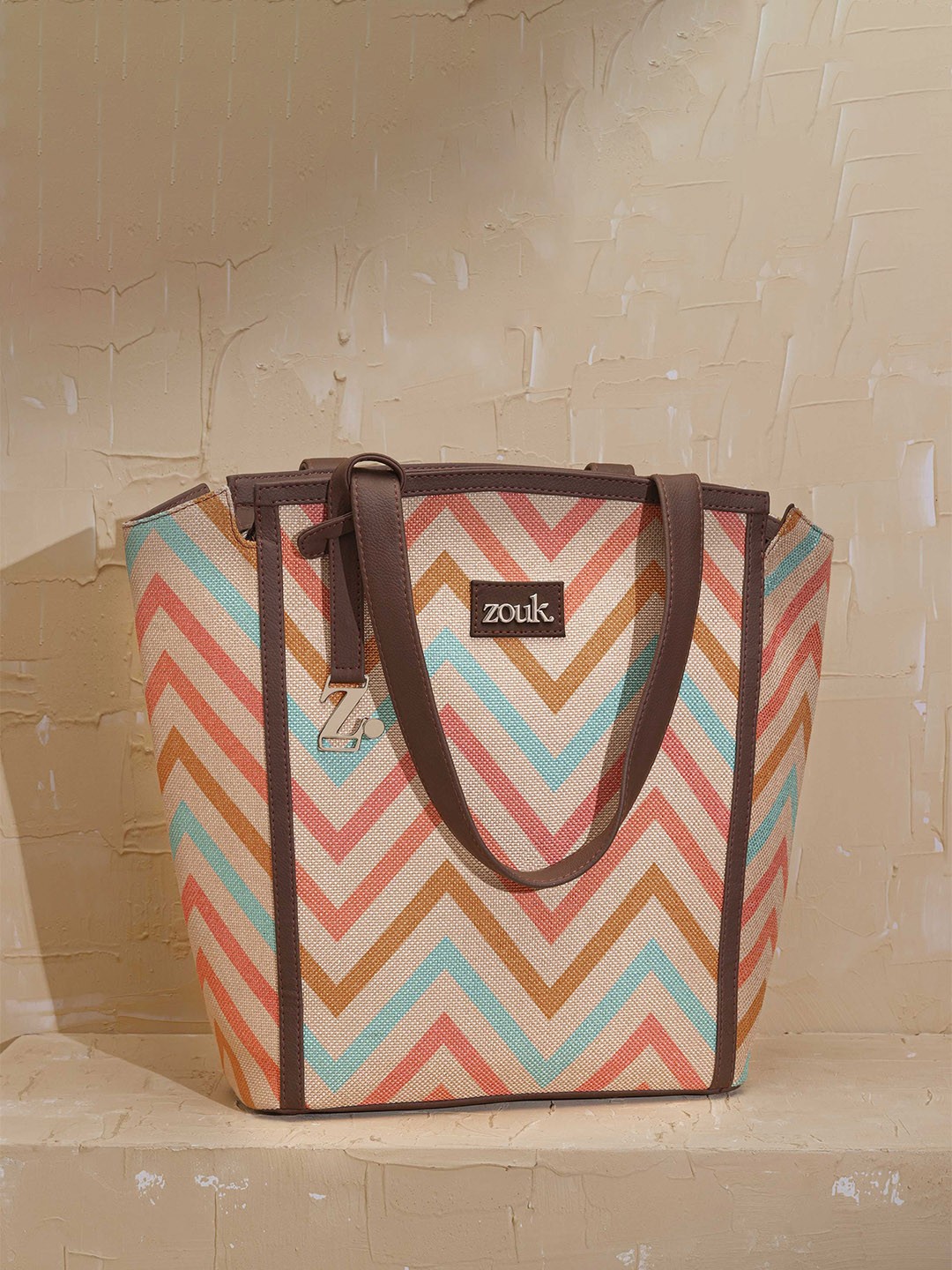 

ZOUK Women Geometric Printed Structured Shoulder Bag, Beige