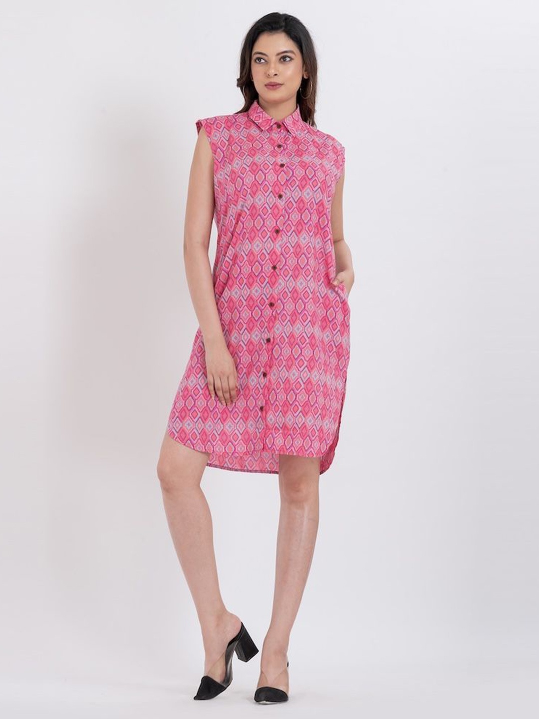 

Kartikeya Jaipur Women Geometric Printed Shirt Collar Cap Sleeves Shirt Dress, Pink
