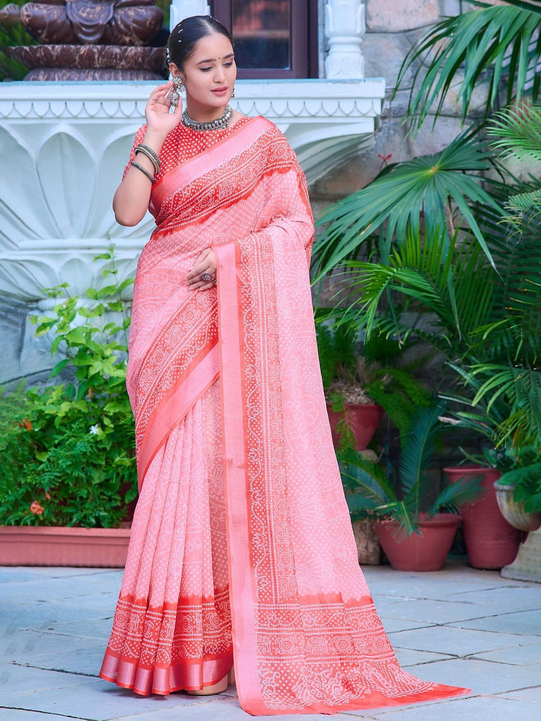 

Nimidiya Bandhani Printed Pure Cotton Saree, Pink