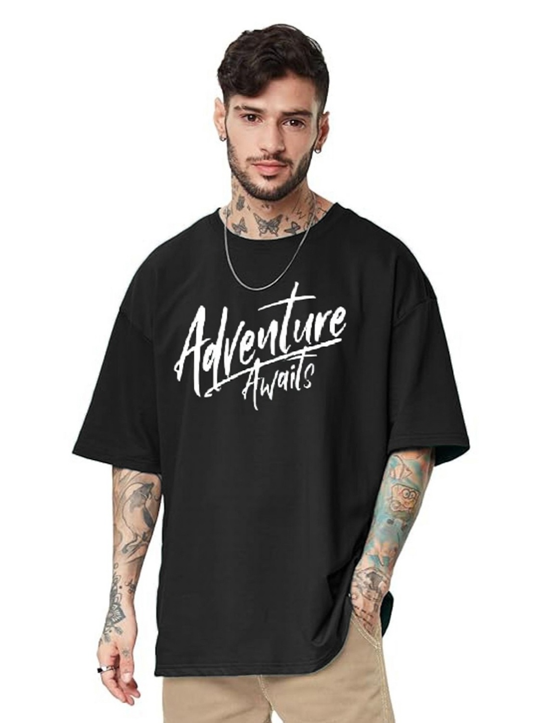 

f Gallery Men Solid Round Neck Oversized T-shirt, Black