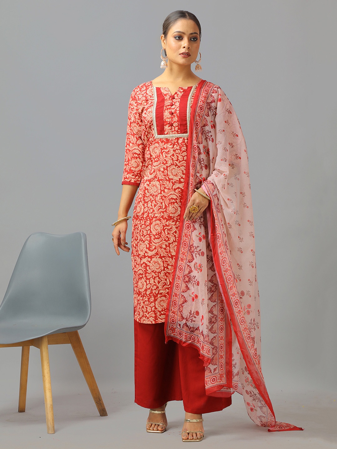 

Ethnovog Floral Printed Notch Neck Straight Kurta With Palazzos And Dupatta, Red