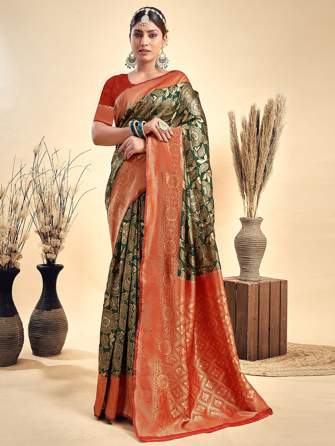 

KALINI Woven Design Zari Paithani Saree, Green