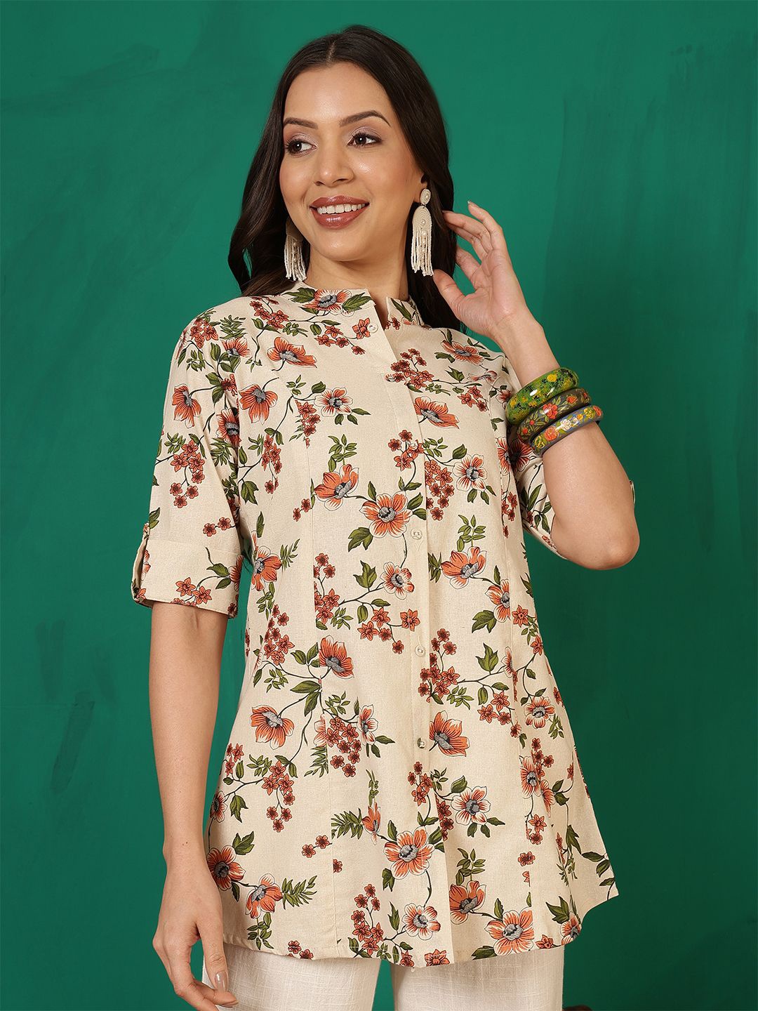 

Sangria Women Floral Printed Mandarin Collar Neck Regular Top, Multi