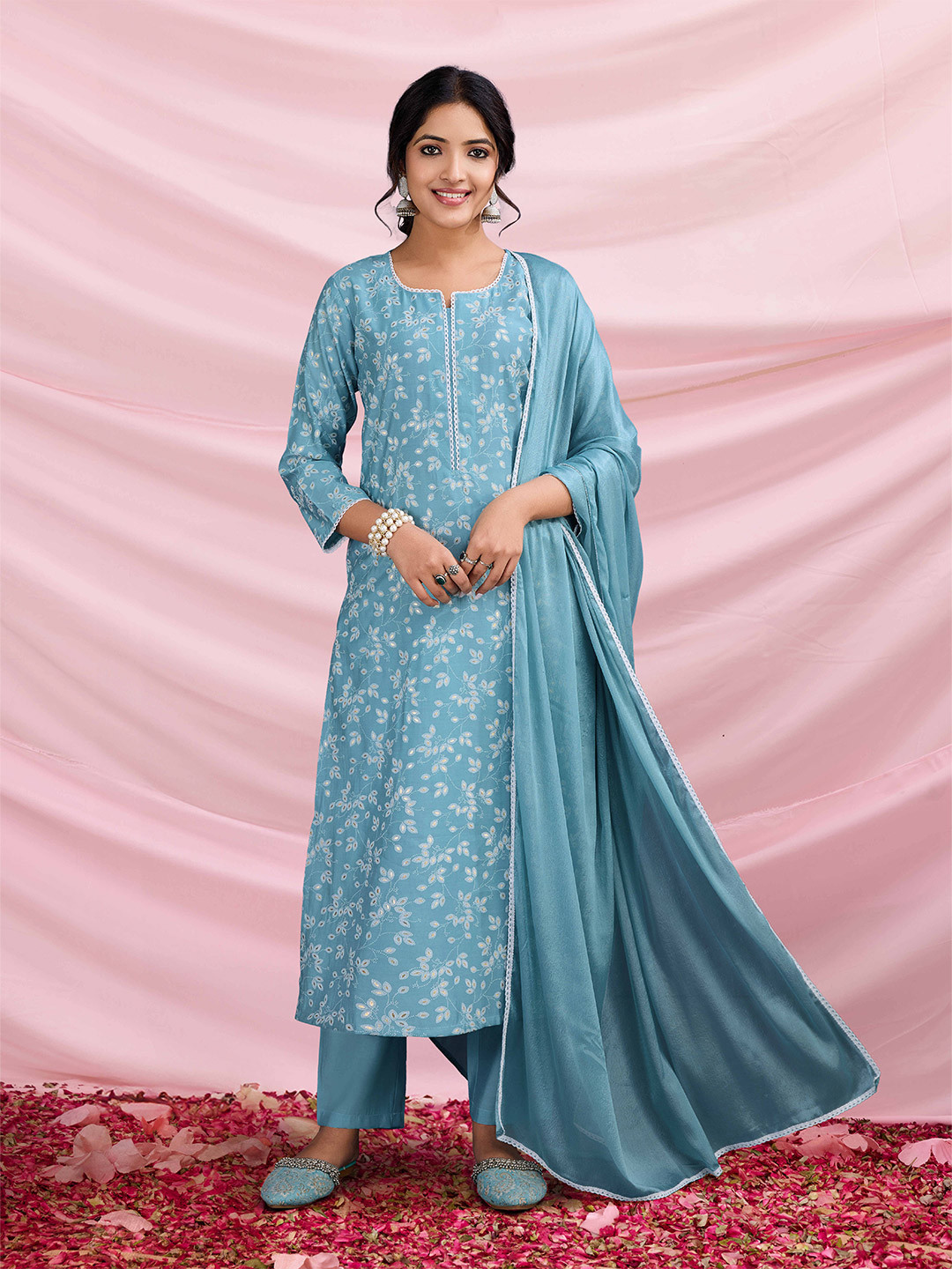 

SUAAC Floral Printed Notch Neck Straight Kurta With Trousers & Dupatta, Blue