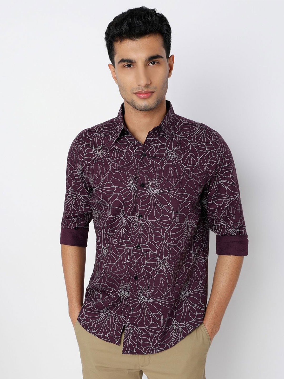 

MARK & ALBERT Men India Slim Fit Spread Collar Floral Printed Cotton Casual Shirt, Maroon