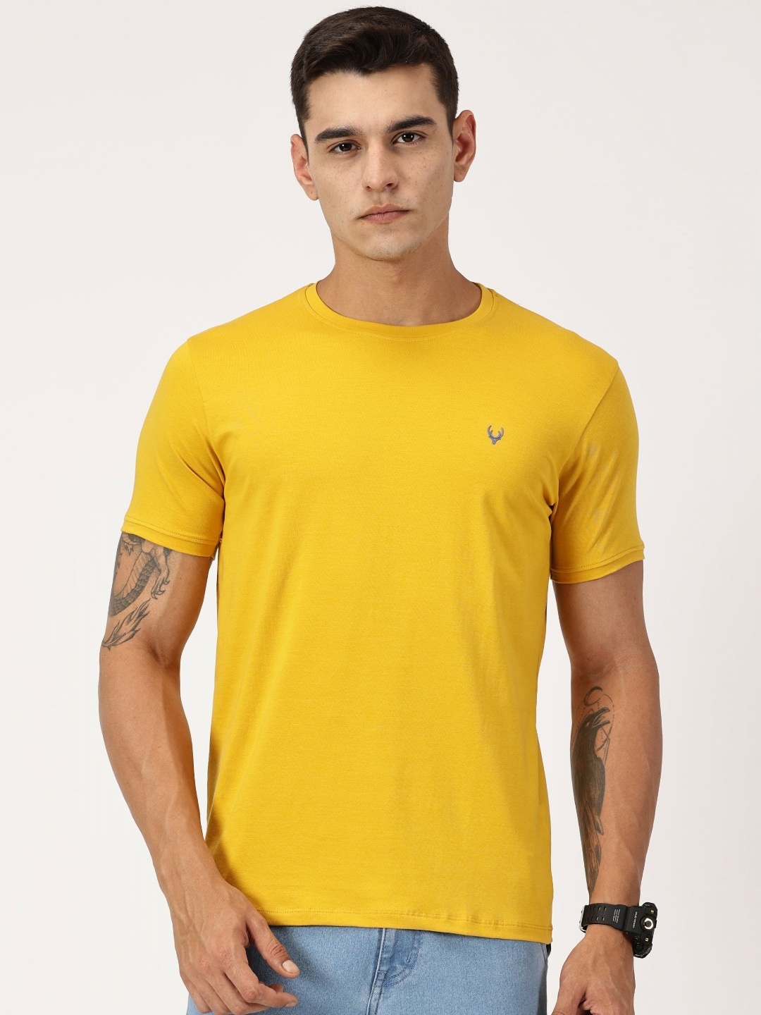 

RAVINIK Men Solid Round Neck Cotton T-shirt, Yellow