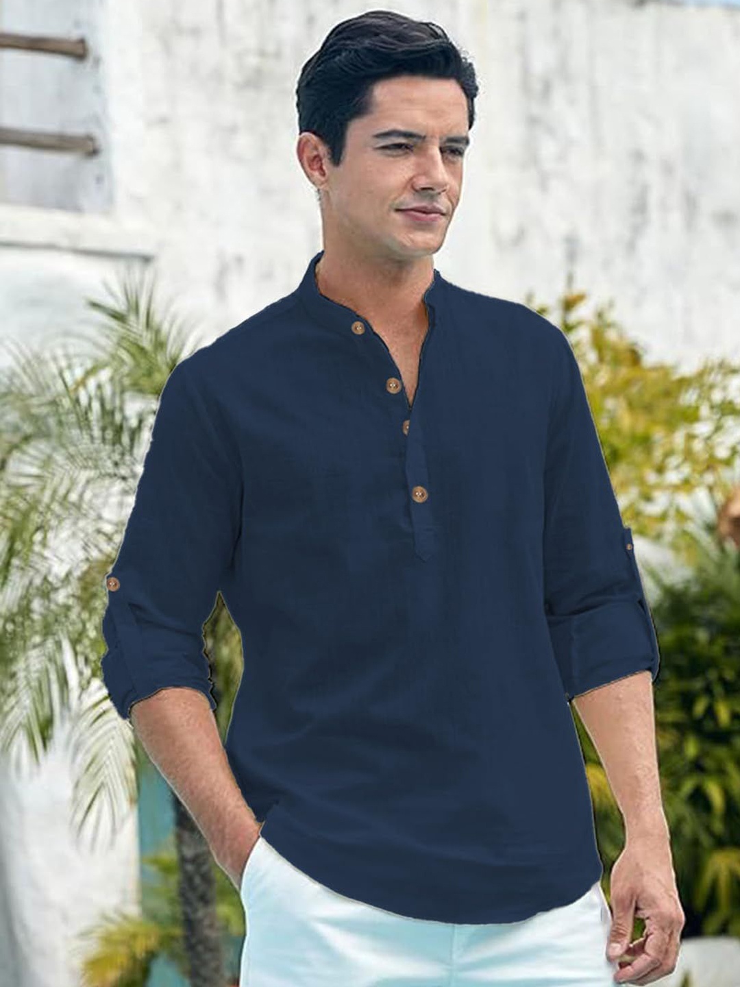

EdinWolf Men India Slim Fit Mandarin Collar Solid Cotton Casual Shirt, Navy blue