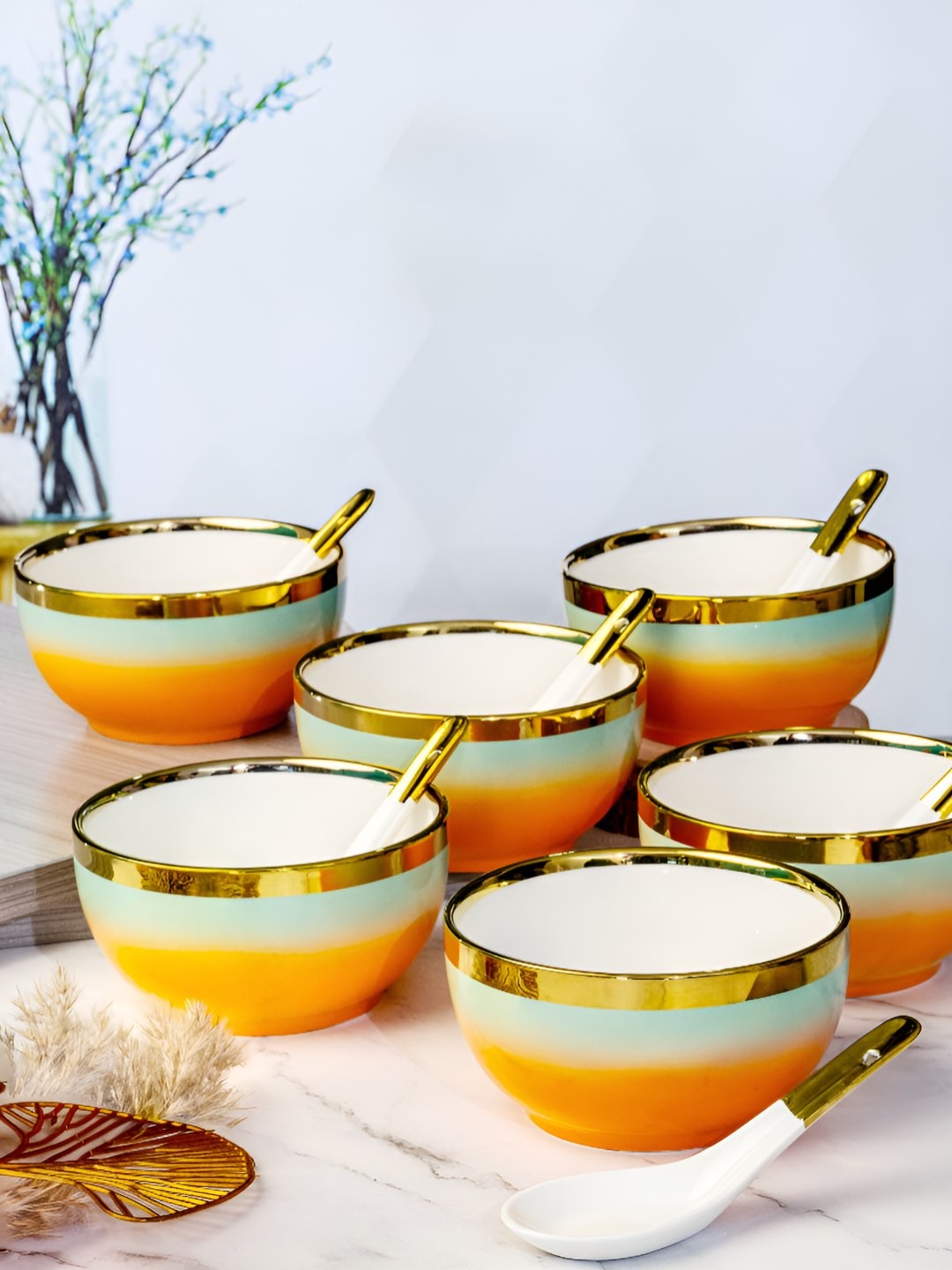 

Roxx White 12 Pieces Printed Porcelain Dishwasher Safe Glossy Serving Bowl And Spoon, Orange