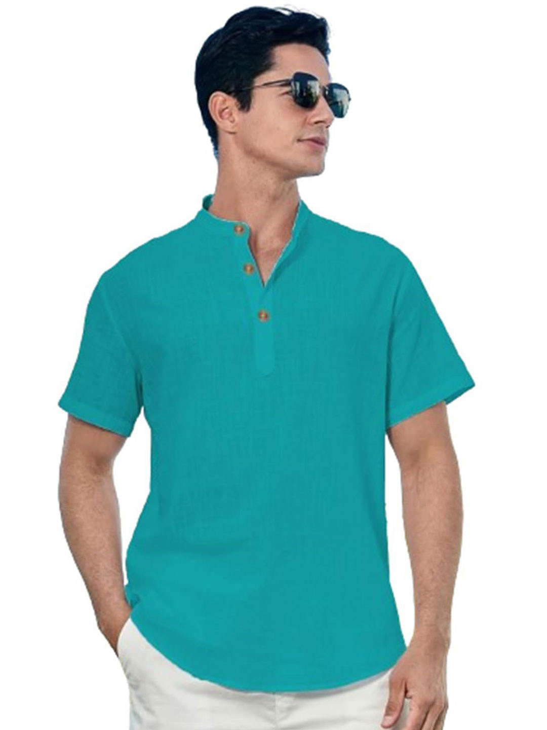 

EdinWolf Men India Slim Fit Band Collar Solid Cotton Casual Shirt, Teal